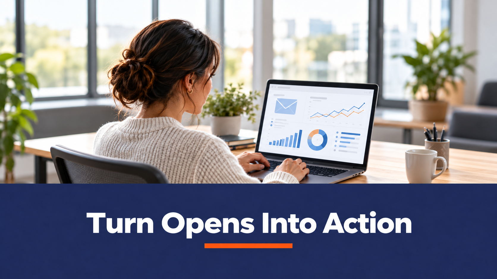 Small-Marketer reviewing email campaign charts beneath “Turn Opens Into Action.”